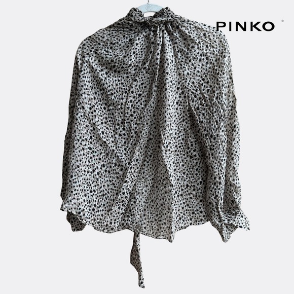 Pinko Women's Leopard Print Long Sleeve Blouse with Neck Tie – Size US 1 (S/XS) - Picture 2 of 6